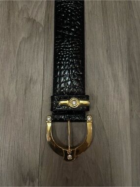 Vintage 80s Jean Lowndes Textured Leather Belt Gold Western Horseshoe Buckle